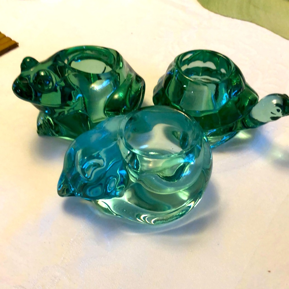 INDIANA GLASS  CO -FROG - SLEEPING KITTEN - TORTOISE  TEA LIGHT  HOLDER